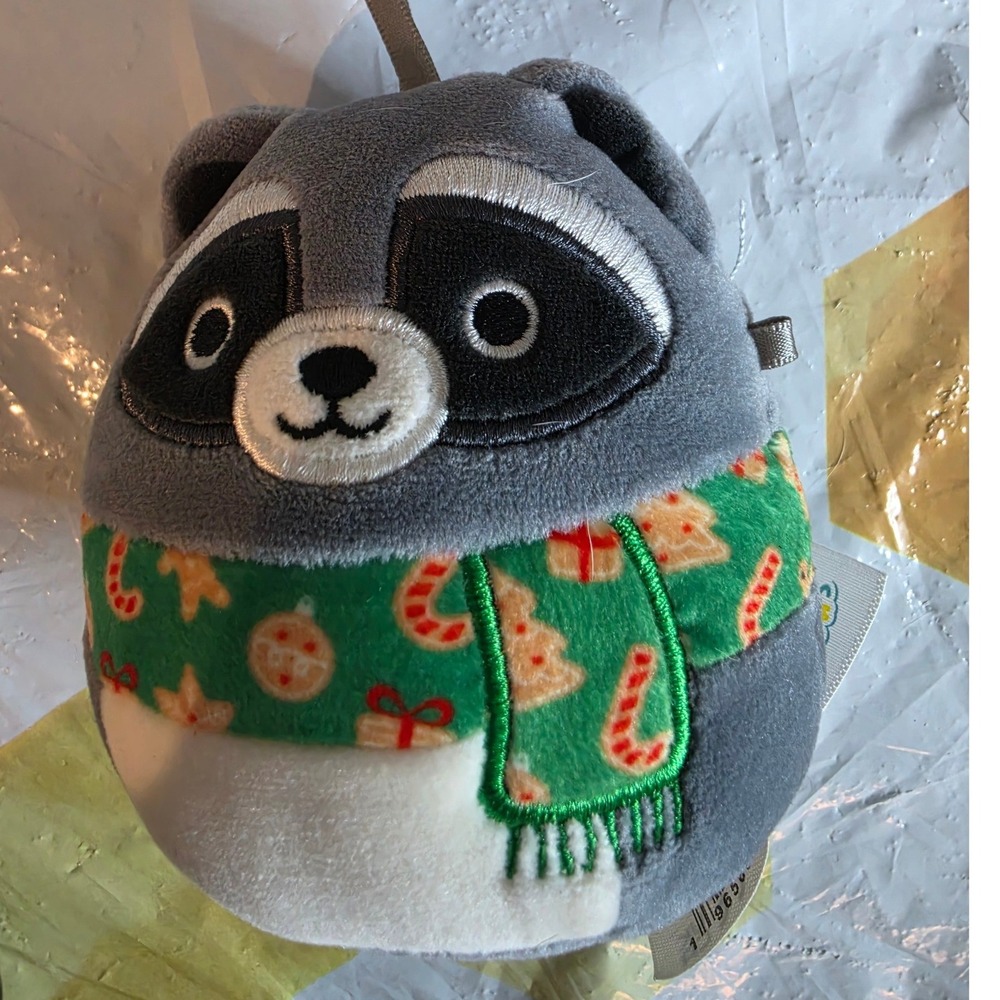 Squishmallows Rocky the Raccoon Holiday Ornament Plush Green Scarf 3.5 Inch